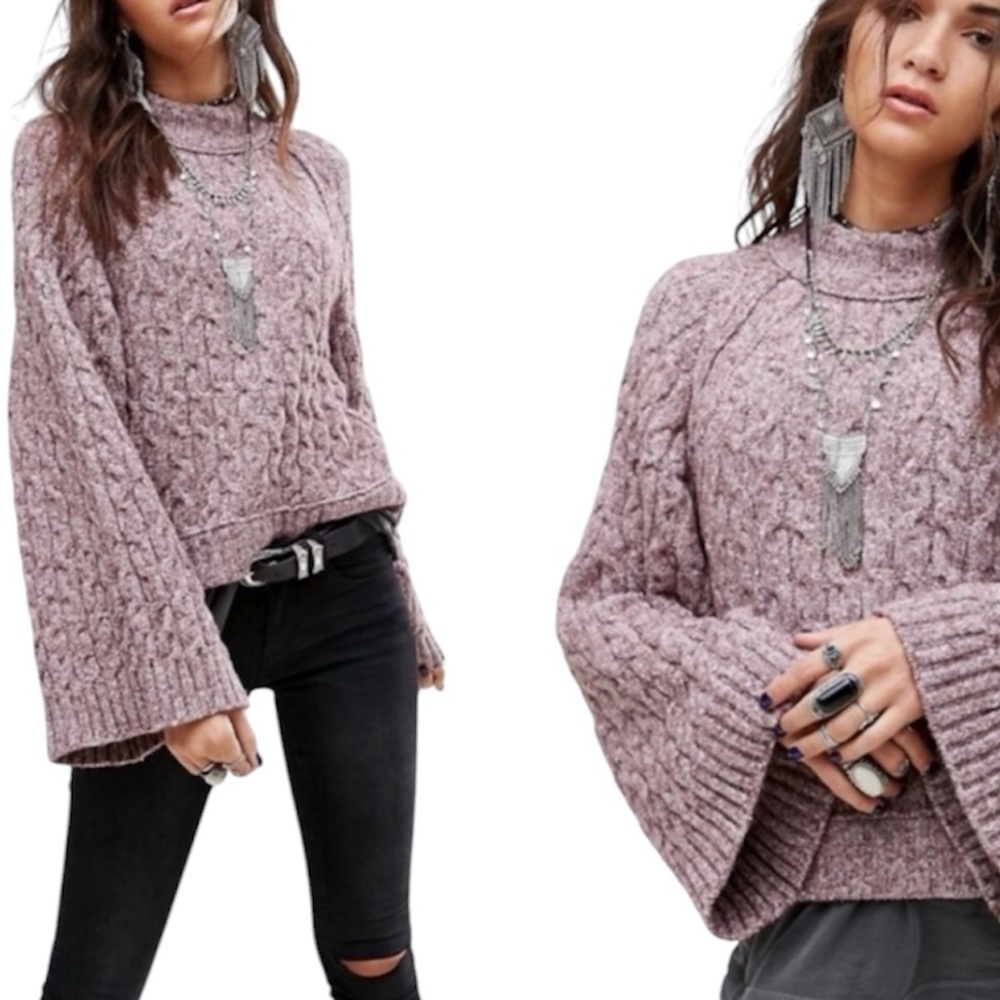 Free People | Snow Bird Cable Knit Wide Sleeve Sweater Size Small